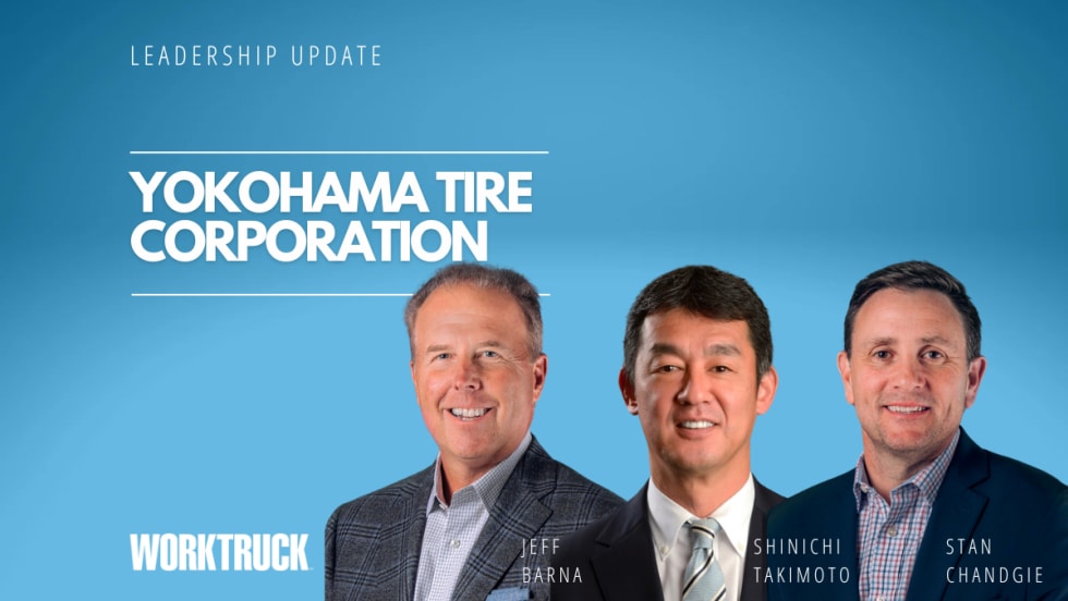 Three men in business attire against a blue background and headline for Yokohama Tire Corporation.