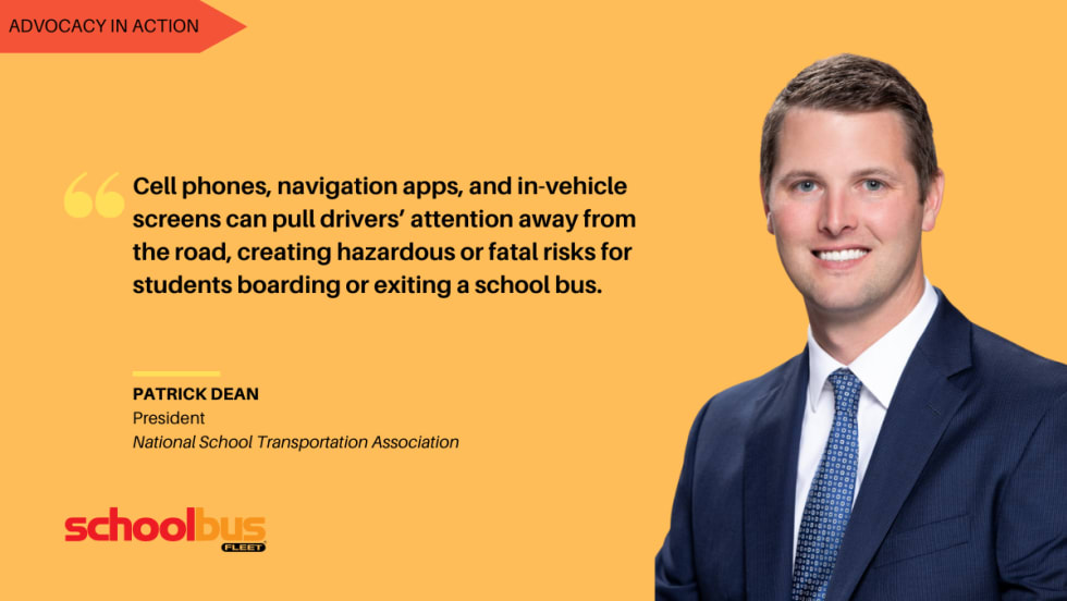 Quote graphic featuring Patrick Dean of NSTA with a message about driver distraction risks near school buses.