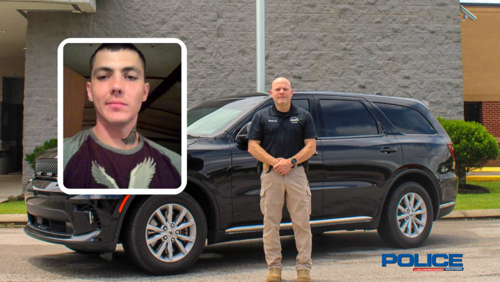 Photo of a police officer standing in front of a black unmarked vehicle, inset photo of a young man top left, and POLICE logo lower right.
