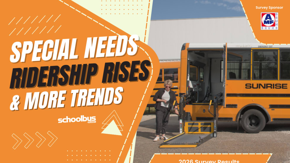 Graphic showing a school bus with a wheelchair lift deployed and the headline “Special Needs Ridership Rises & More Trends,” highlighting 2026 School Bus Fleet special-needs survey results.