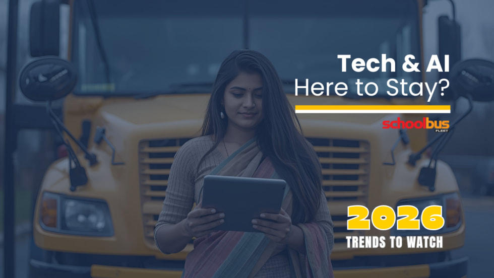 a woman stands in front of a school bus holding a tablet