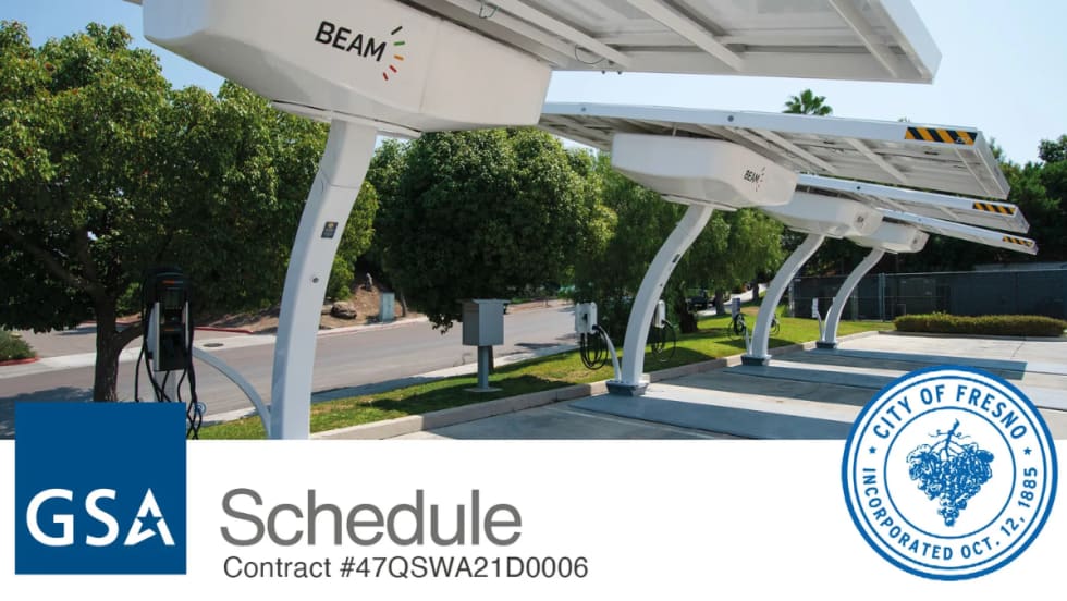 Off-grid Beam Global EV ARC charging systems installed at the City of Fresno Municipal Service Center Yard, featuring solar canopies and EV chargers used by the city’s electric vehicle fleet.