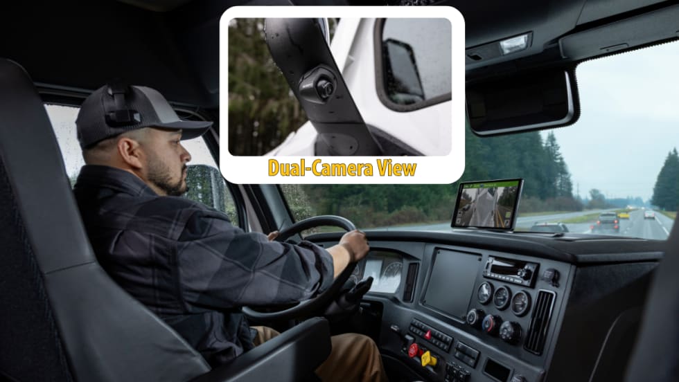 Background photo of a truck driver inside cab view, inset image of camera mounted on the mirror.