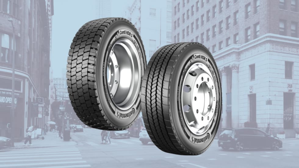Illustration of new Continental truck tires with urban background