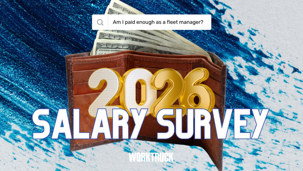 Graphic promoting the 2026 Fleet Manager Salary Survey from Work Truck, featuring a wallet with cash and text asking if fleet managers are paid enough.