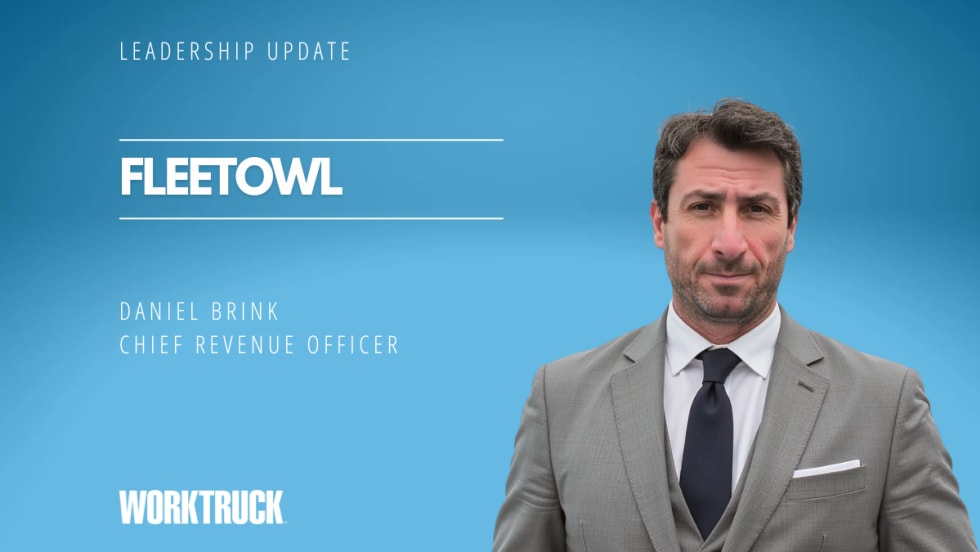Man in business attire against a blue background with text for Leadership Update, FleetOwl, the man's name and title, and a logo for Work Truck.