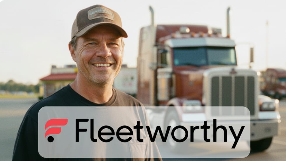 Man in cap standing in front of a tractor trailer with overlay logo for Fleetworthy.
