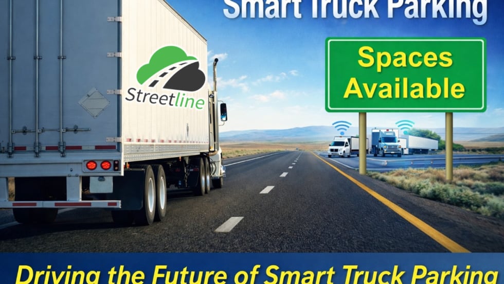 Graphic showing smart truck parking technology with a highway sign reading “Spaces Available” and the Streetline logo.