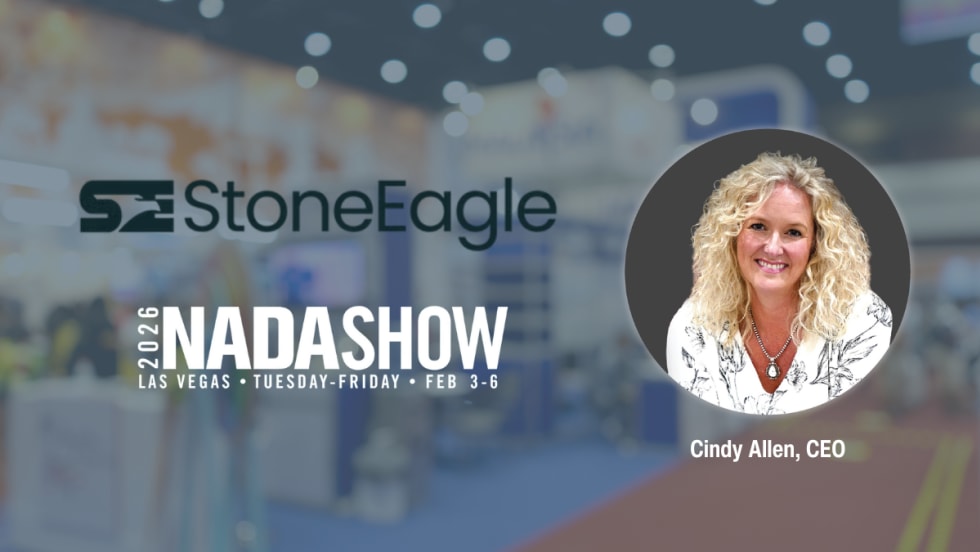 Graphic promoting StoneEagle at the 2026 NADA Show in Las Vegas, featuring a photo of CEO Cindy Allen.