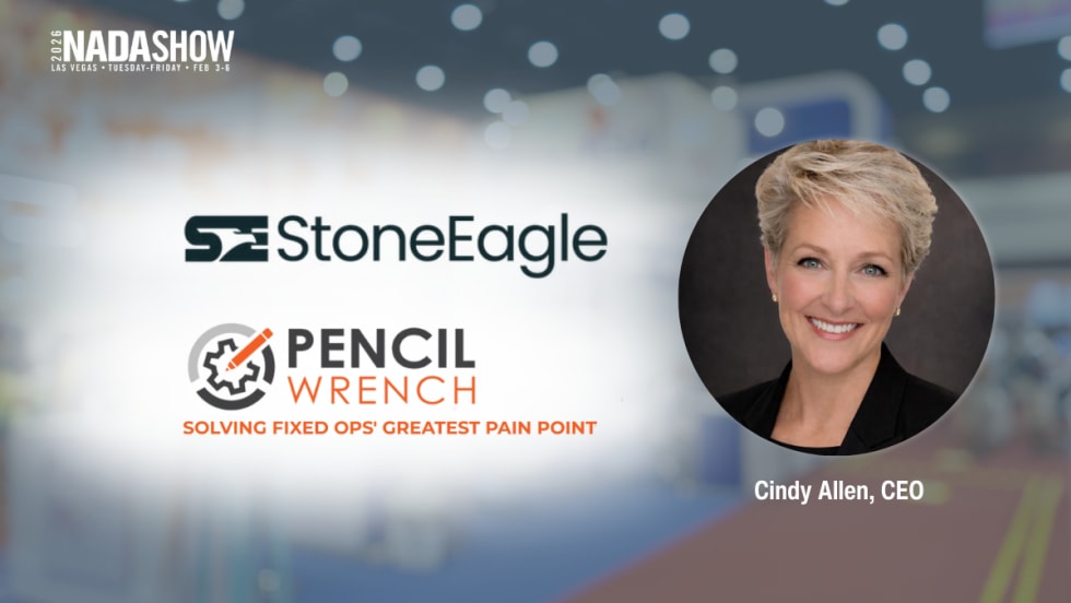 StoneEagle and Pencilwrench branding displayed with a headshot of CEO Cindy Allen alongside NADA Show 2026 event information.