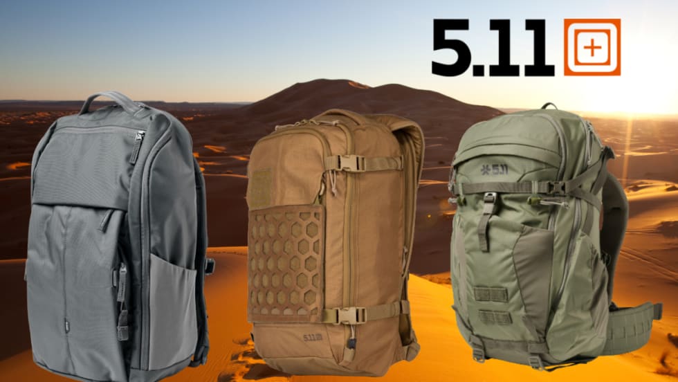 Three tactical backpacks set against a desert background with an inset logo for 5.11.