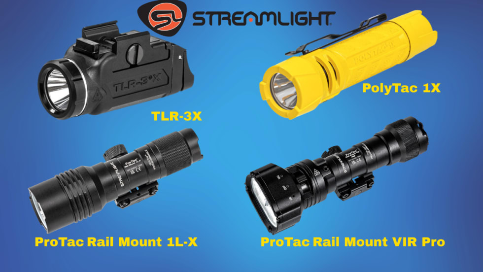 Blue background with Streamlight logo at top and inset images of one handgun light, two rifle lights, and one handheld light.