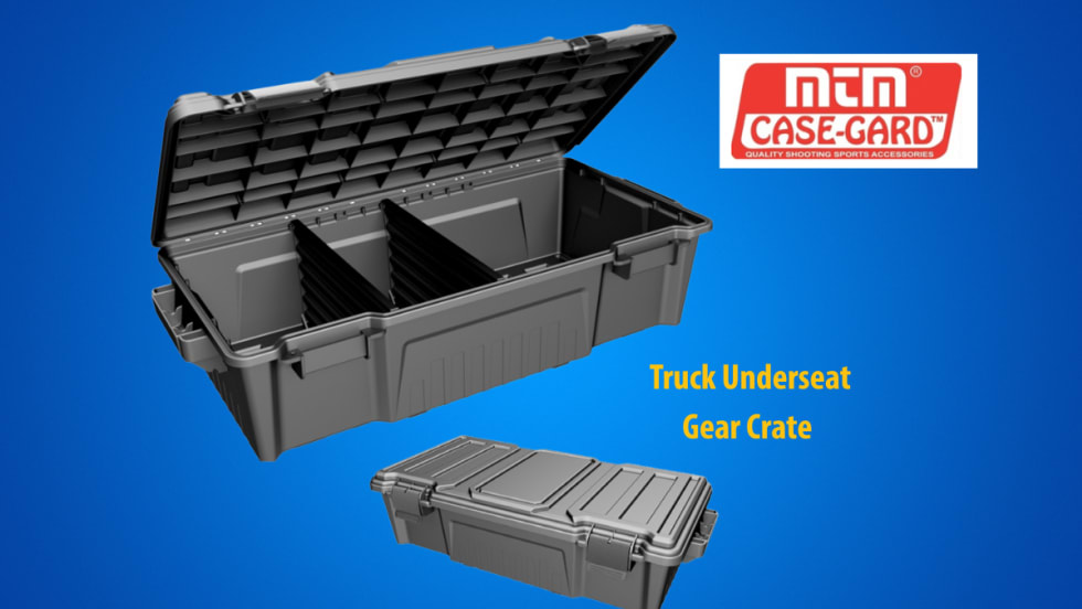 A black plastic storage crate for under truck seat against a blue background and a logo for MTM CaseGard.