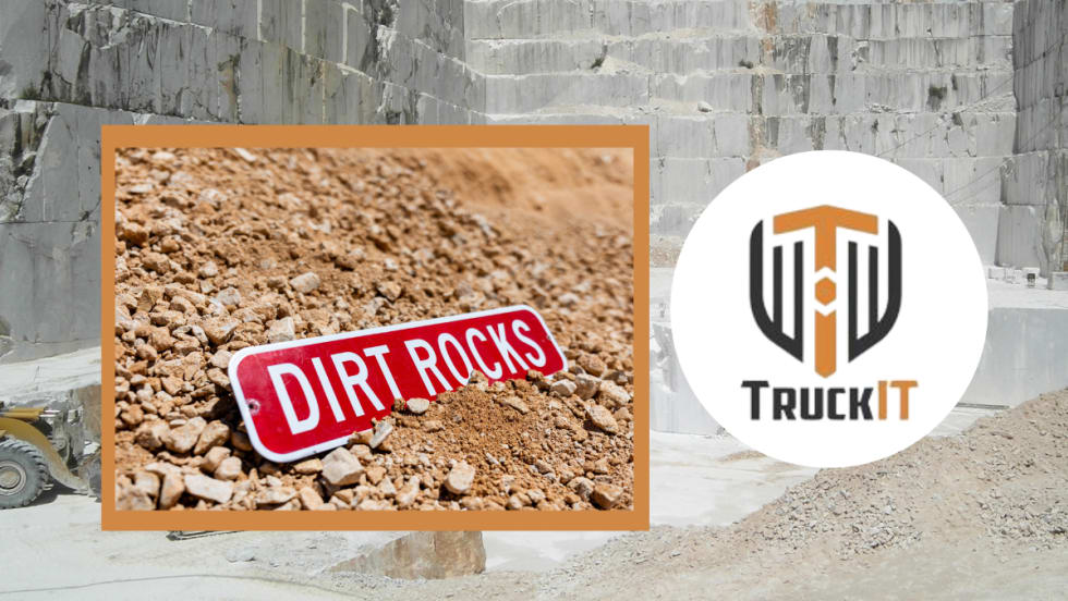 Background image of a quarry with inset photo of a red sight that says Dirt Rocks and inset logo for TruckIT.