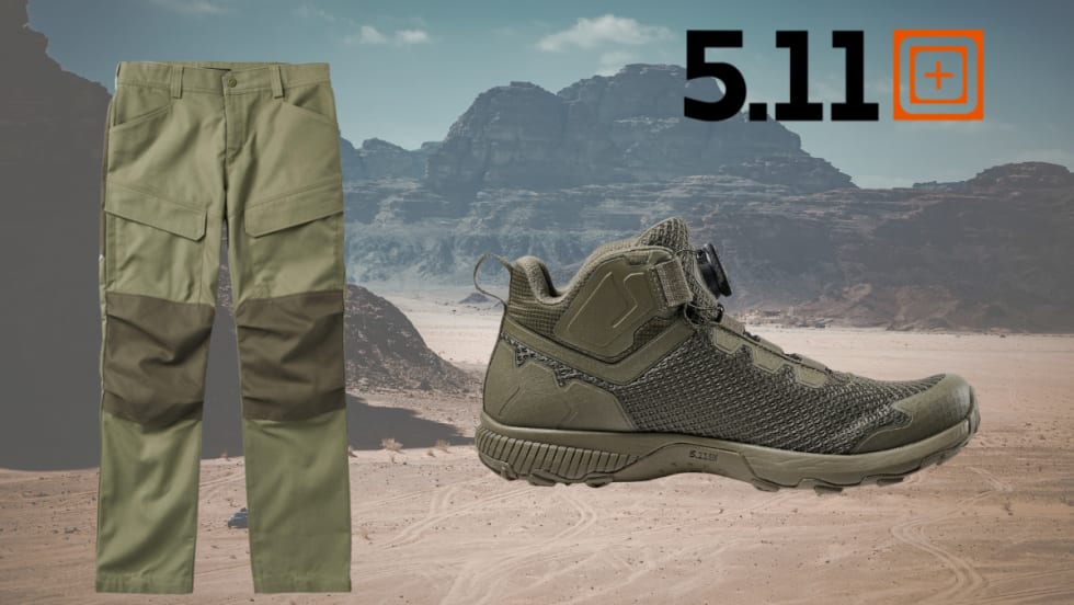 backgroudn image of desert with inset 5.11 logo and images of pant and boot.