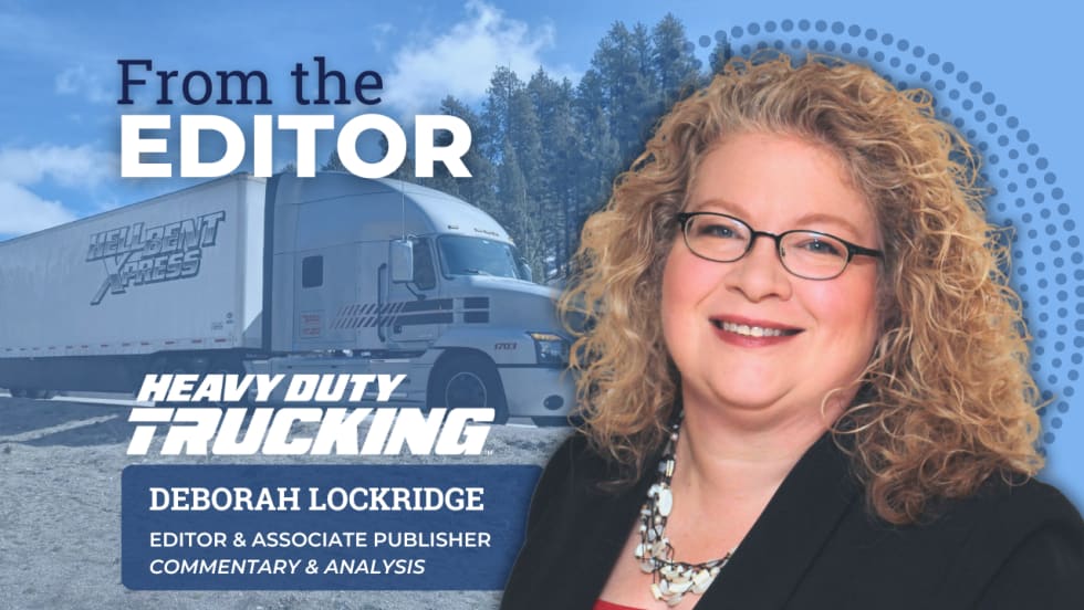 Column graphic illustration with Deborah Lockridge head shot and a small fleet truck in the background