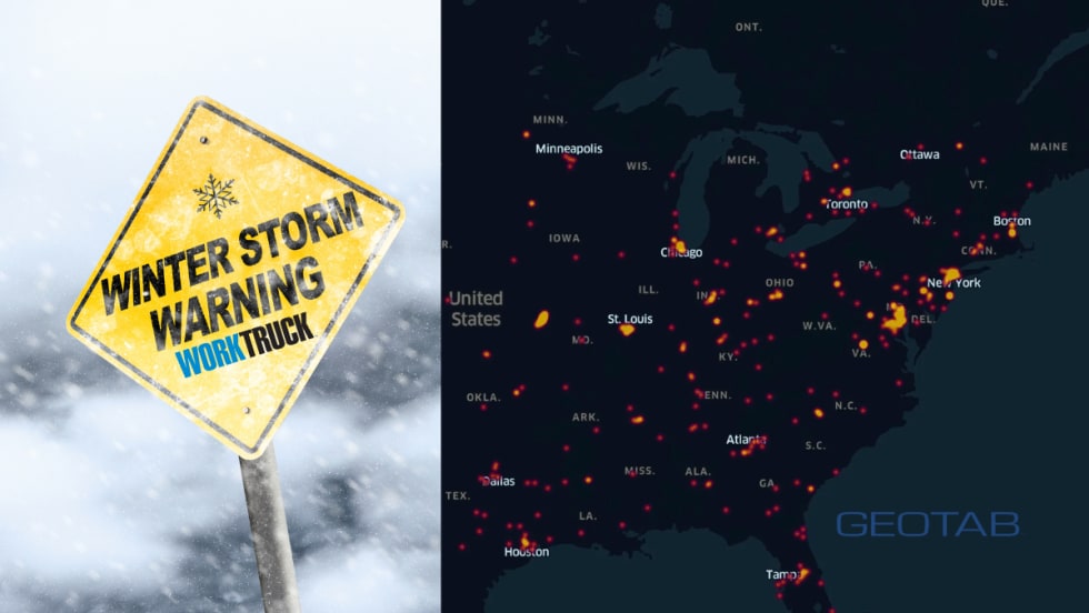 A winter storm warning sign and a U.S. heat map highlighting collision hotspots from Geotab data during Winter Storm Fern, with increased activity across the Midwest and Mid-Atlantic