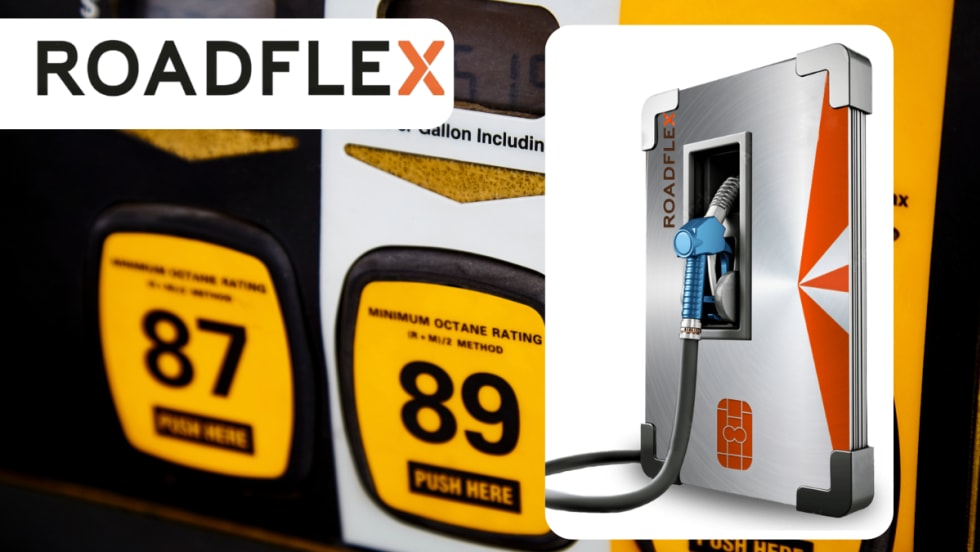 Background image of fuel pumps with inset logo for RoadFlex and a fuel card.