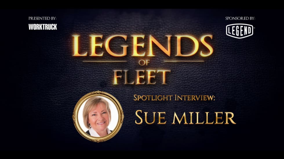 Legends of Fleet video thumbnail featuring Sue Miller’s portrait, presented by Work Truck and sponsored by Legend Fleet, highlighting a career-spanning fleet leadership interview.