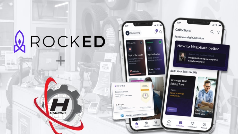 Auto service background image, logos for RockEd and Hunter, and inset photos of training material on phone screens.
