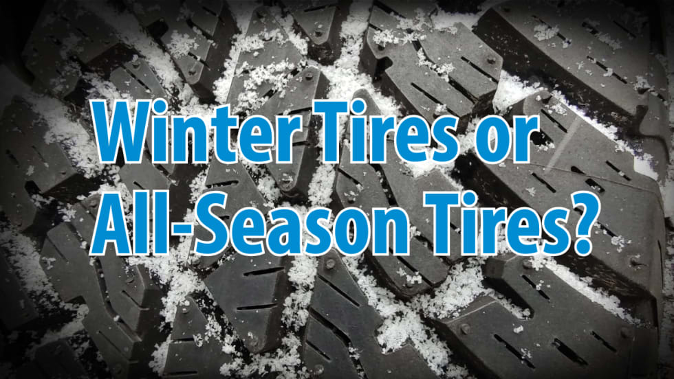 closeup photo of off-road tire tread filled with ice and headline Winter Tires or All-Season Tires?