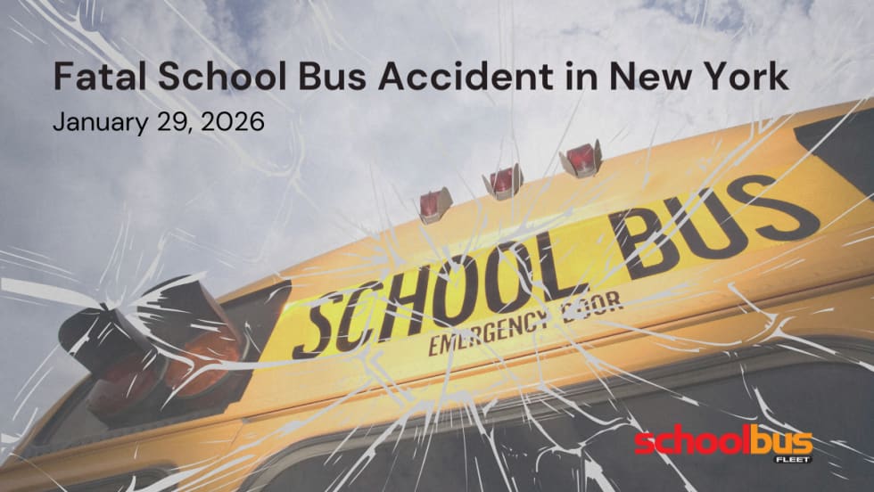 Fatal School Bus Accident in New York graphic dated Jan. 29, 2026, showing a close-up of a yellow school bus with cracked-glass overlay and School Bus Fleet logo.