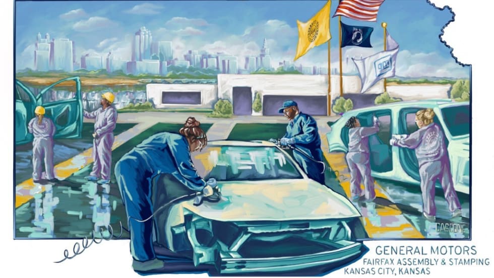 Illustration depicting workers at General Motors’ Fairfax Assembly and Stamping Plant in Kansas City, Kansas, with vehicles and factory buildings in the background.