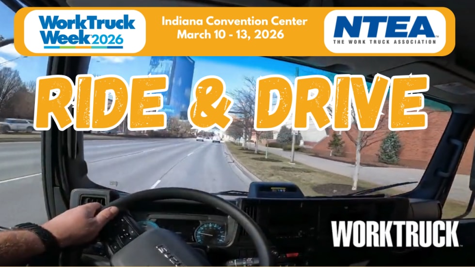DRiver's perspective from inside truck looking forward to road with large headline Ride & Drive and logos for Work Truck Week, Green Truck Summit, and Work Truck.