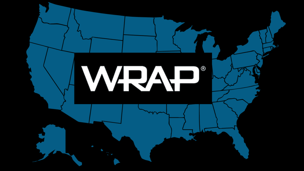 white Wrap logo against a black box on top of a blue map of the United States, with a black background behind the map.