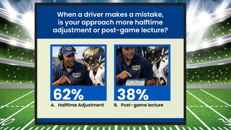 Background graphic of football stadium and inset photos showing survey results about commercial fleets and coaching.