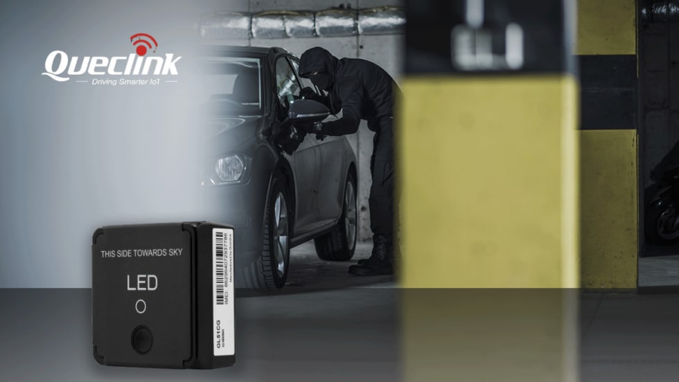 Queclink GL51CG battery-powered backup vehicle tracker shown alongside an image representing vehicle theft and recovery monitoring.