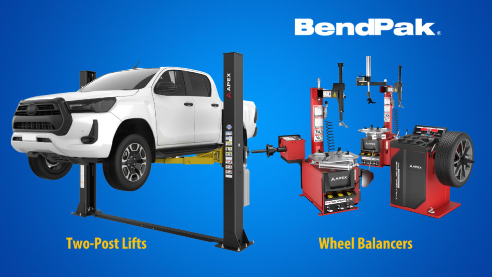 Image of a truck on a two-post lift on the left, image of two wheel balancers on the right, a blue background, and a white BendPak logo.