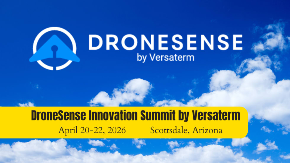 Clooudy sky background with a lot of blue, logo for DroneSense, and dates and location of an upcoming event.