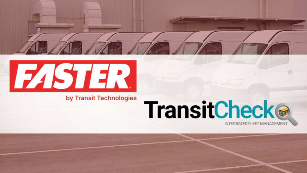 Faster and TransitCheck logos over a background of parked fleet vans, representing the integration of inspection and maintenance management systems.