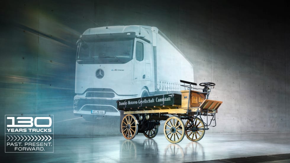 Composite image showing 1896 Daimler truck in front of a modern Mercedes-Benz electric truck with “130 Years Trucks” branding.