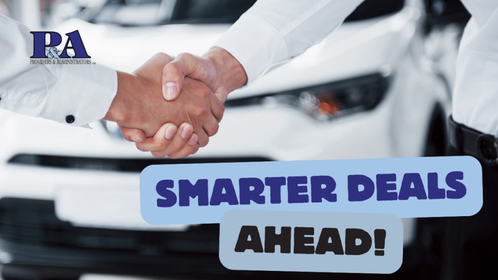 two people shaking hands in front of a new car that says Smarter Deals Ahead 