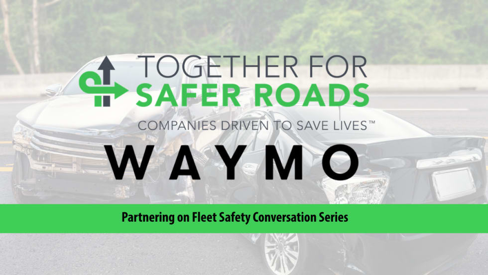 Faint background image of two cars that have collided and logos for Together for Safer Roads and Waymo.
