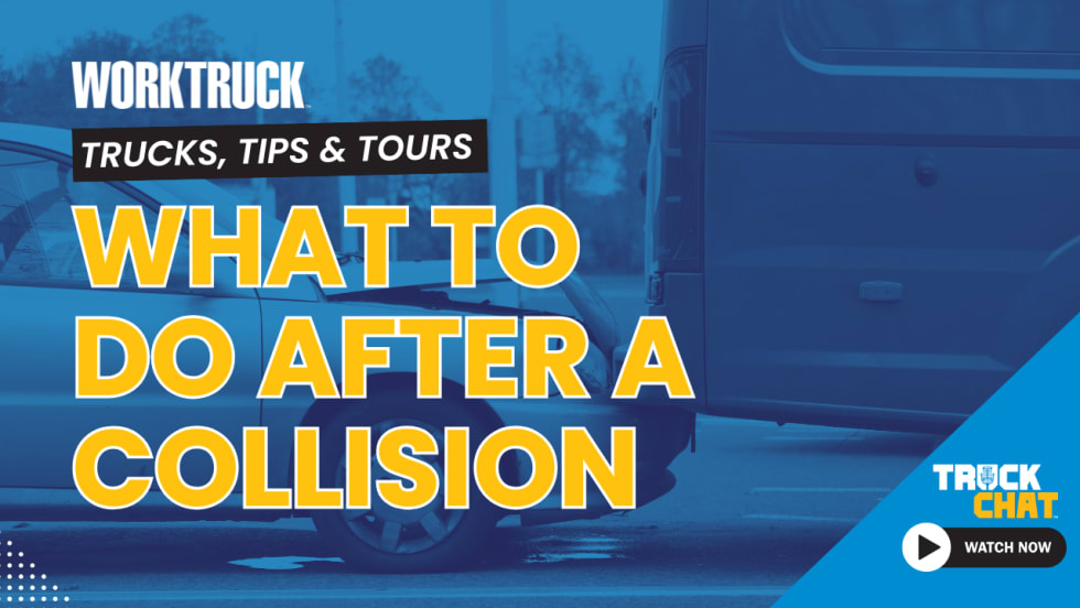 Blue tinted background image of two cars that have collided, logos for Work Truck and Truck Chat, and headline What Should Drivers Do After a Collision?