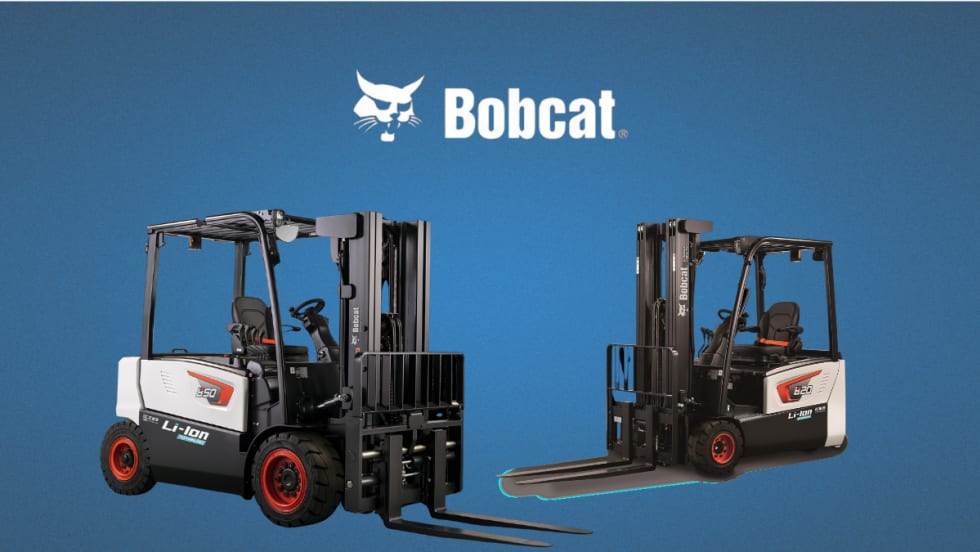 Two Bobcat electric forklifts equipped with lithium-ion battery systems displayed against a blue background with the Bobcat logo above.