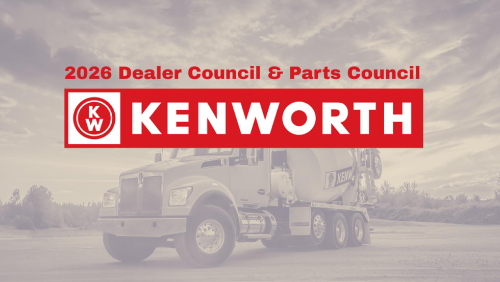 Sepia-toned background image of a concrete truck with red Kenworth logo and read headline 2026 Dealer Council & Parts Council.