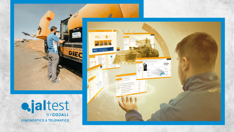 White background with image inset of a man working on a construction truck, another image of a man looking at virtual diagrams in front of him, and a logo for Jaltest.