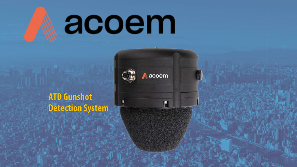 Back small device with headline ATD Gunshot Detection System and a logo for Acoem set against a tinted blue background image of a large city.