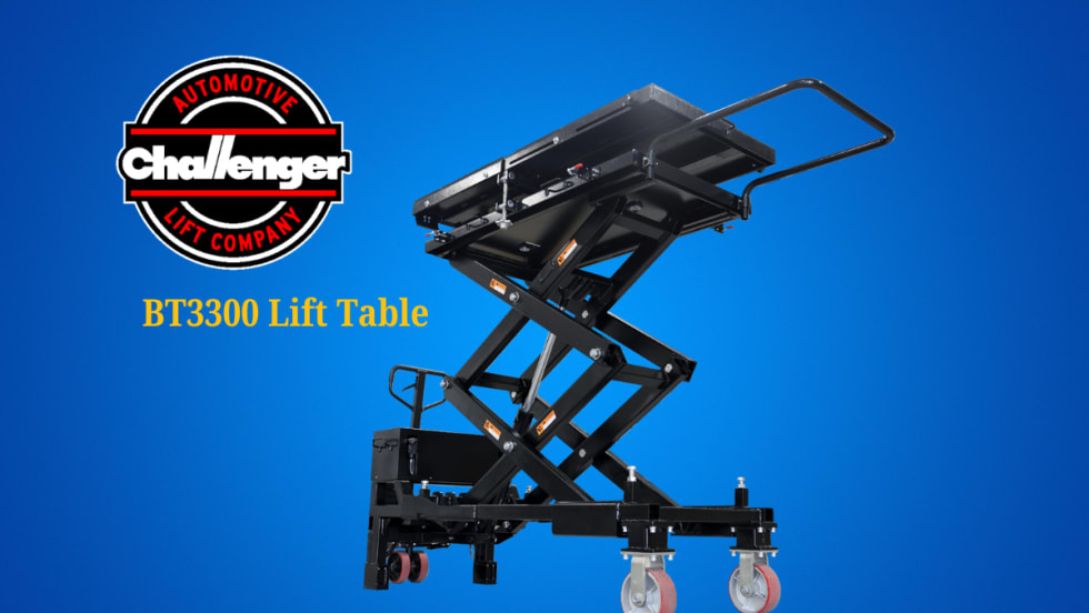 Black scissor-style automotive lift against a blue background and a logo for Challenger Lifts.