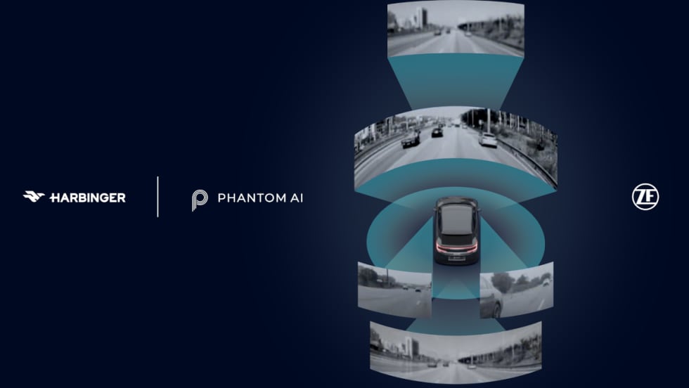 black background with inset photos of wild angle views around a vehicle and logos for ZF, Harbinger, and Phantom AI.