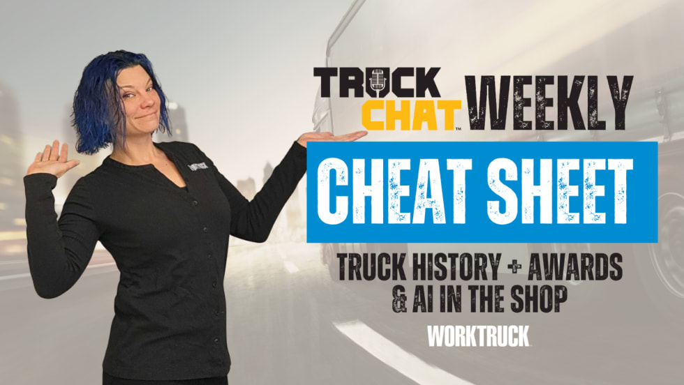 Host Lauren Fletcher presents Truck Chat Weekly Cheat Sheet covering Mercedes-Benz 130-year truck history, Toyota Tacoma Truck of Texas award, and AI trends in fleet operations.
