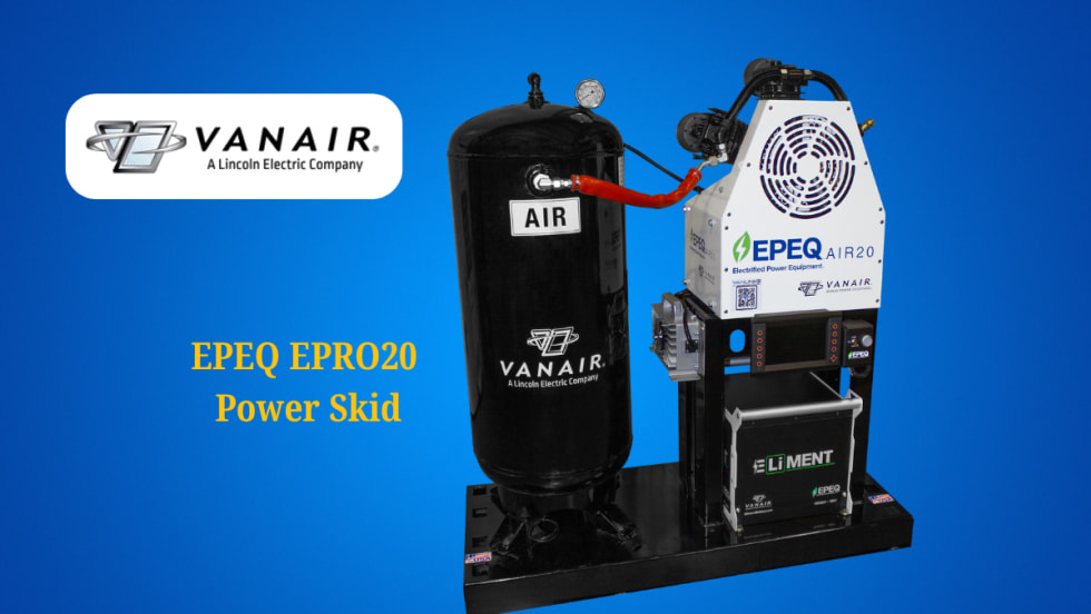 Blue background with image of an air compressor and battery pack, inset logo for Vanair at top left.