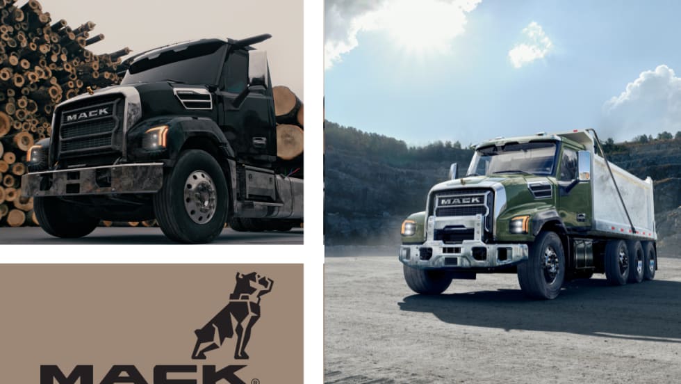Two Mack trucks and an inset logo for Mack Trucks.