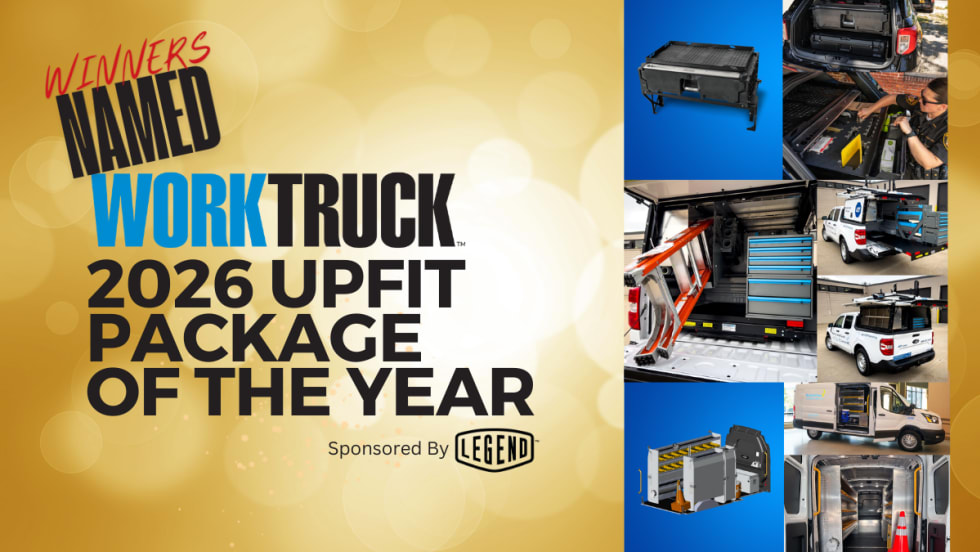 Graphic announcing the 2026 Work Truck Upfit Package of the Year winners featuring DECKED, Ranger Design, and Adrian Steel upfit solutions.
