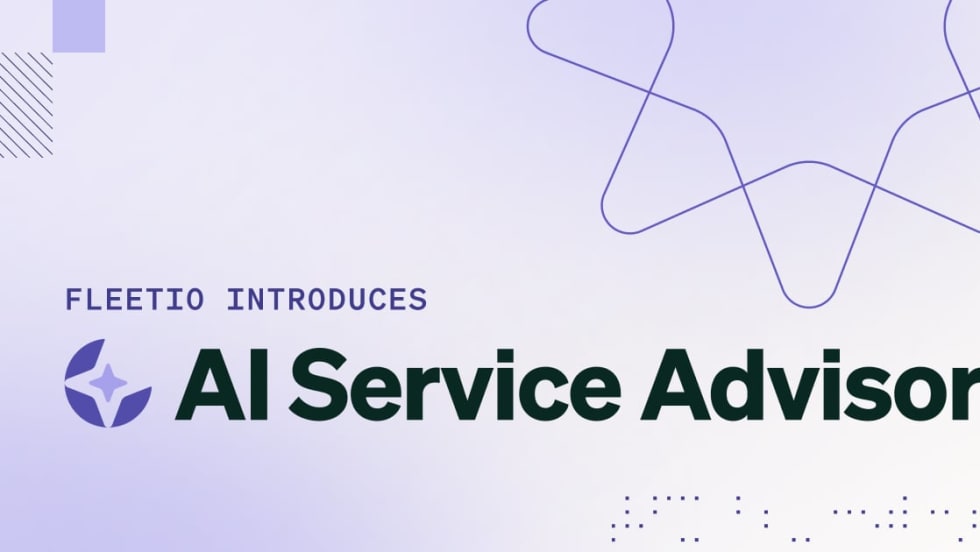 Bluish gray background with graphic elements and headlines Fleetio Introduces AI Service Advisor.