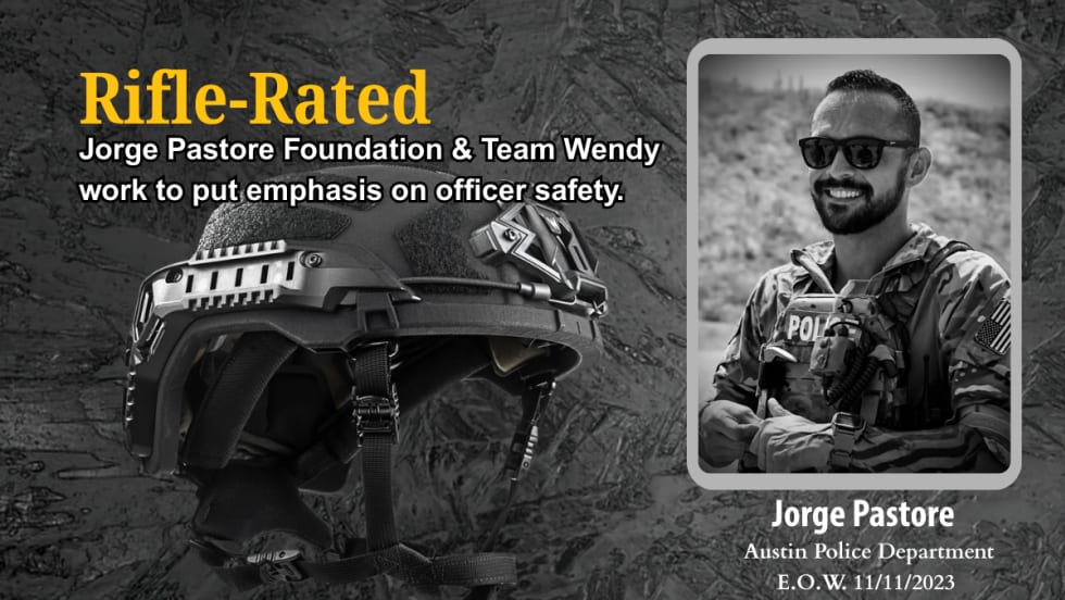 DArk backgroundn with inset images of a fallen police officer and a ballistic helmet and headline Rife-Rated.